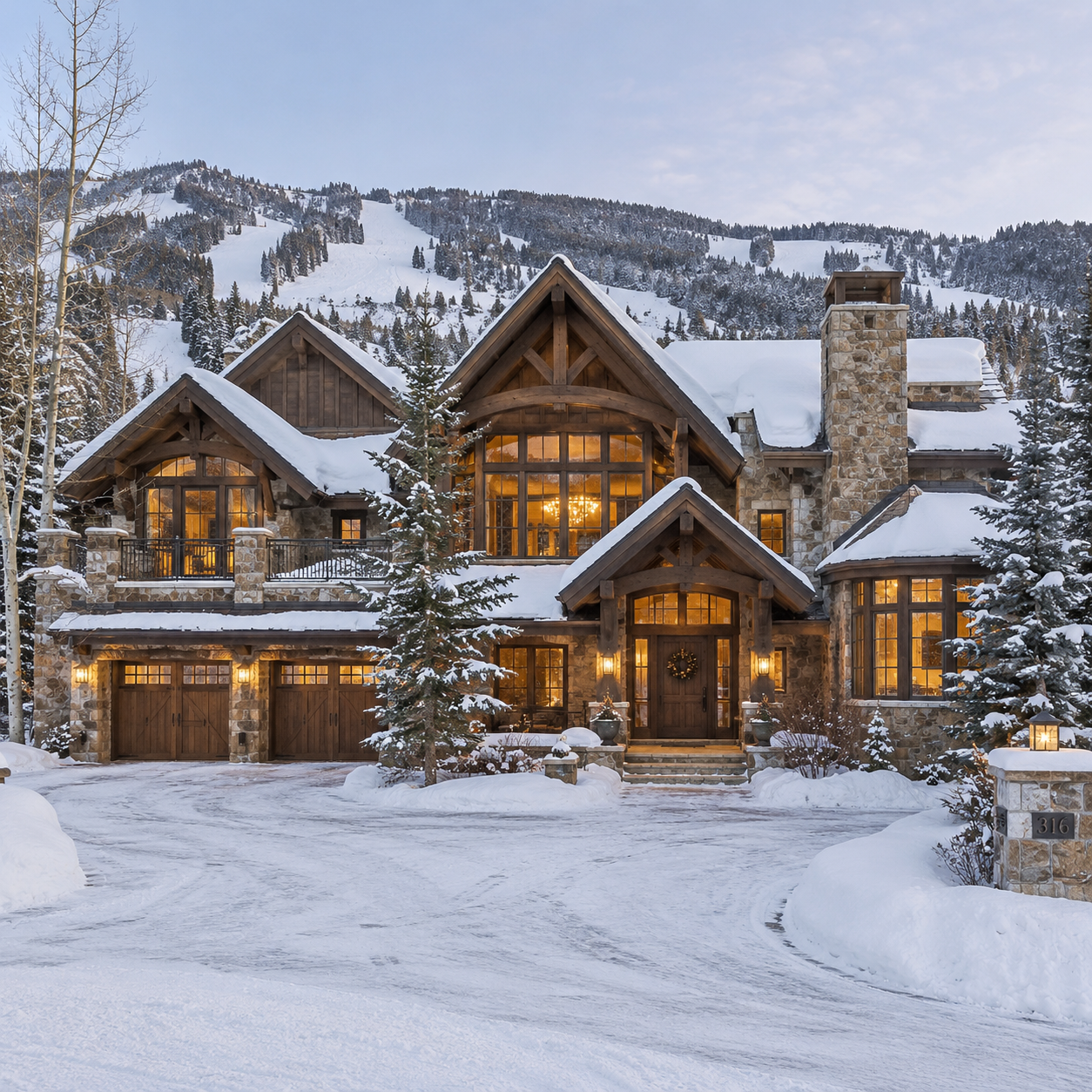 Mountain home with snow-covered roofs and a cleared driveway