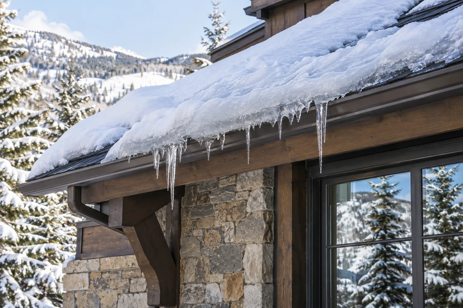 Ice buildup and icicles along the eave of a snow-covered roof