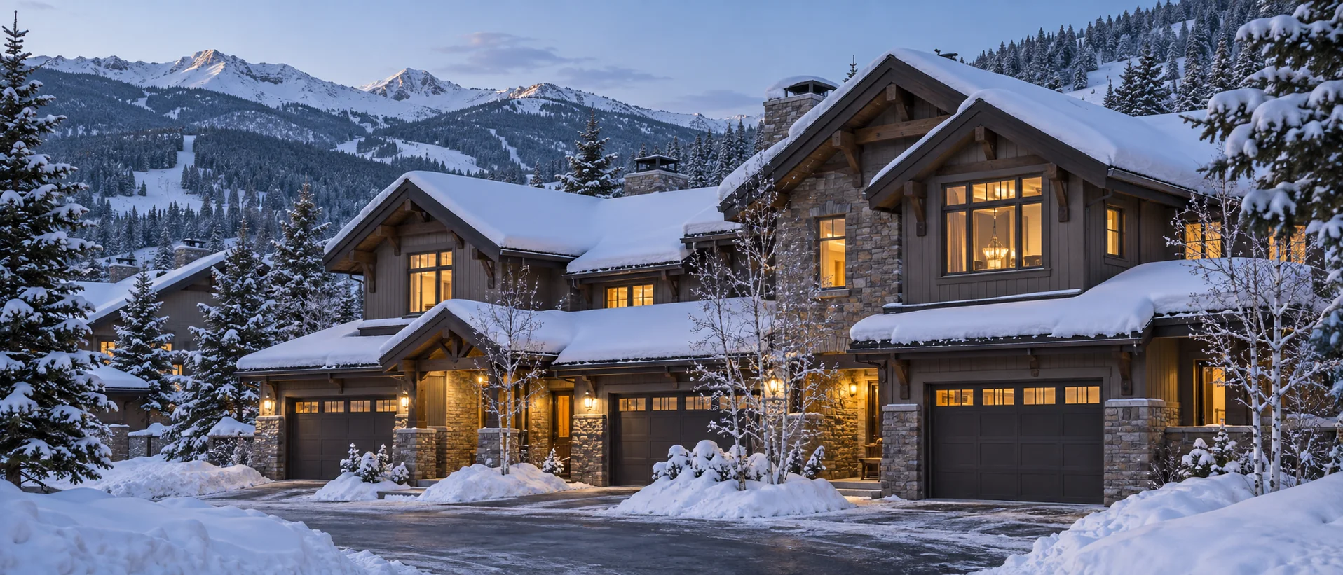 Snow-covered rooflines on a mountain multi-unit property