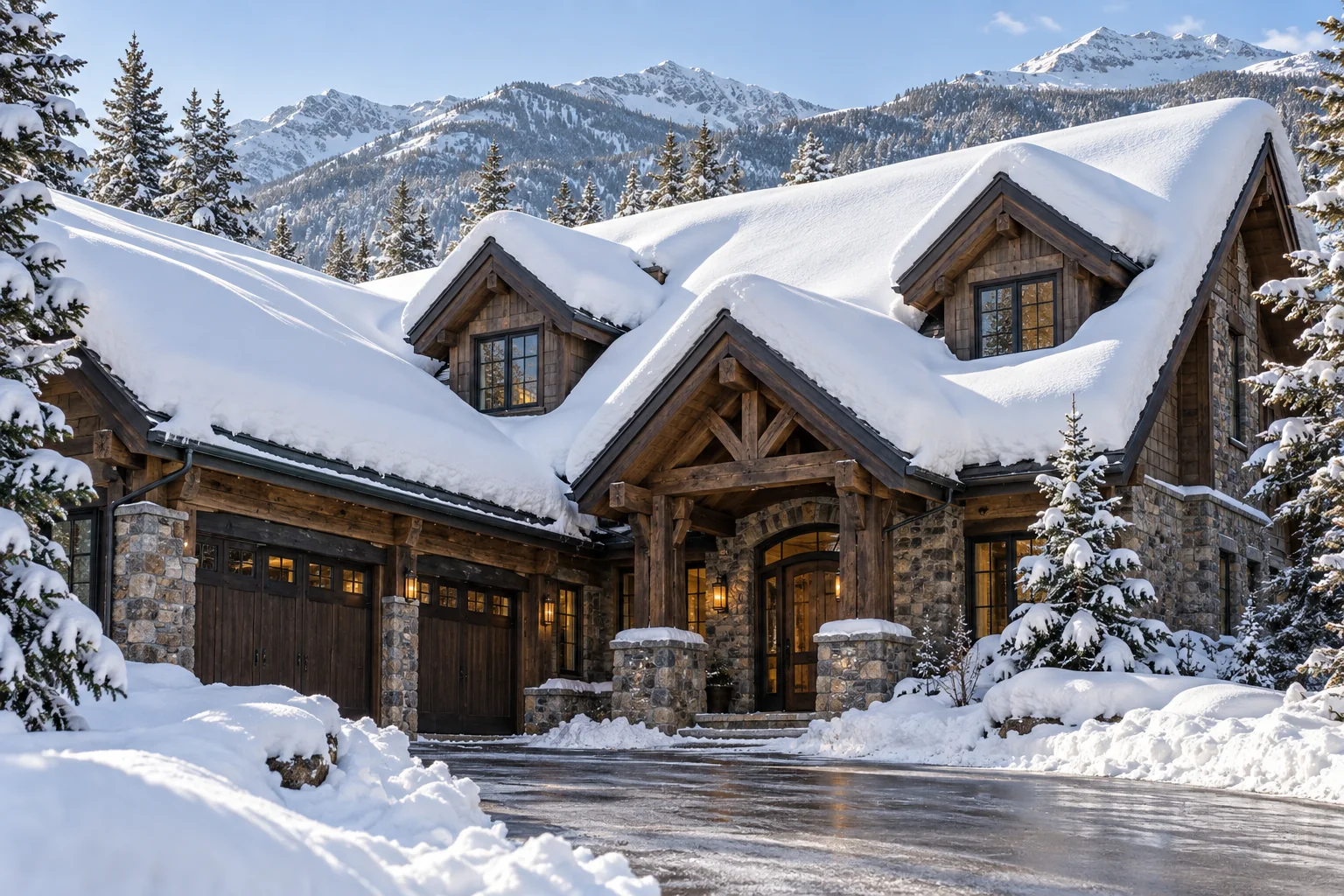 Mountain home with substantial snow on its sloped roof