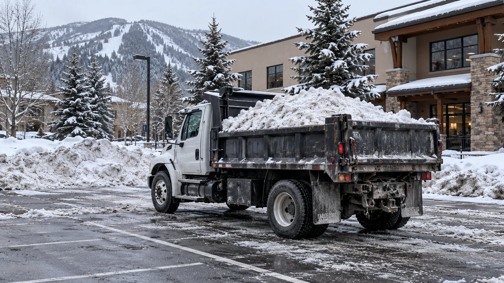Dump truck loaded with snow in a commercial parking lot