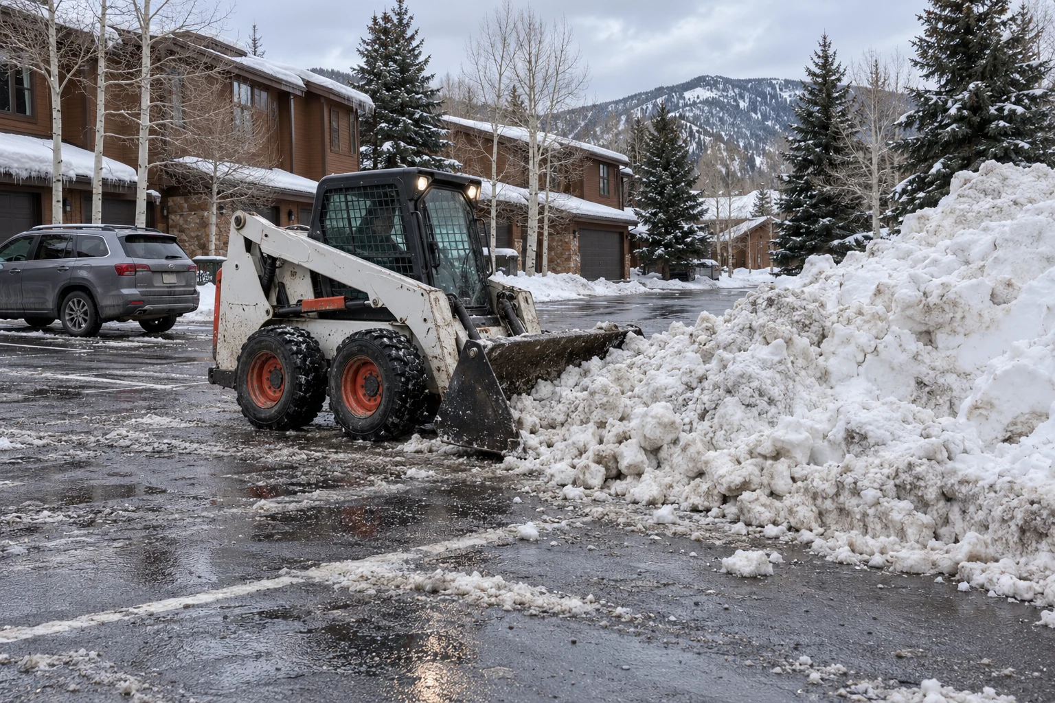 Compact loader moving a snow pile in a townhouse parking area
